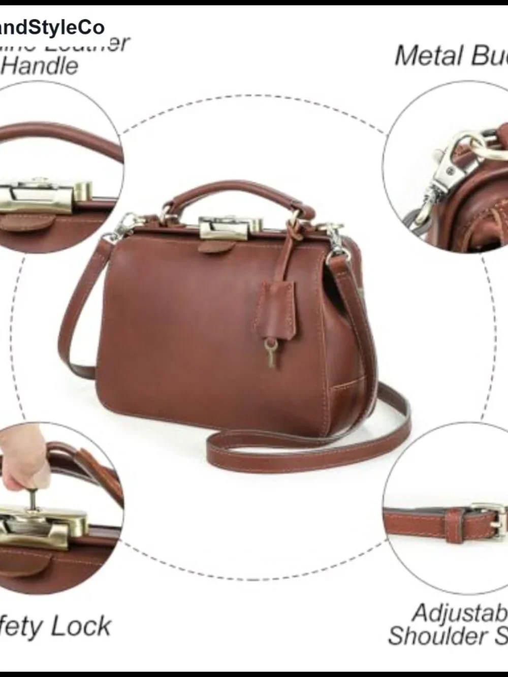 Full Grain Leather Doctor Bag Purse Vintage Top Handle Lockable Retro Women's